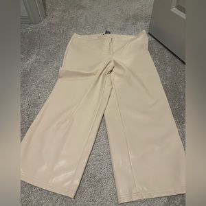 Cream Faux Leather Wide Leg Pants